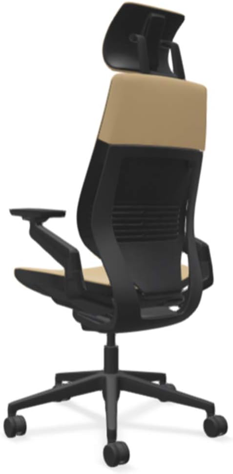 Steelcase Gesture Office Desk Chair with Headrest in Elmosoft Genuine Chamois L144 Leather Plus Lumbar Support High Black Frame