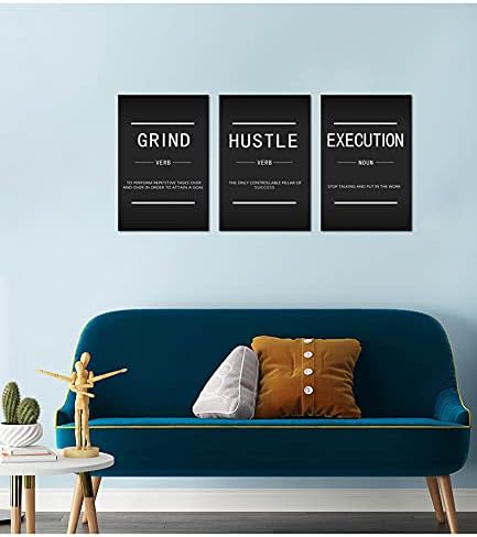 Motivational Office Wall Decor Inspirational Success Canvas Wall Art Grind Verb Hustle Verb Execution Noun 3 Pieces Posters Prints Wall Picture Artwork Home Framed Ready to Hang[48''Wx 24''H]