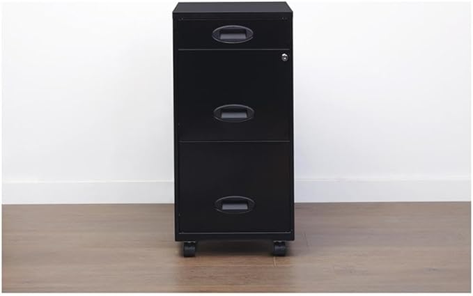 Scranton & Co 3-Drawer Metal Filing Cabinet, 18" D x 14.25" W x 29.52" H, Black Finish, Includes Pencil Drawer, Locking Storage, Casters for Mobile Home or Office Organization