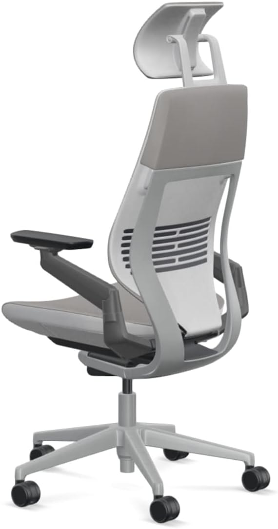 Steelcase Gesture Office Desk Chair with Headrest in Elmosoft Genuine Dove Grey L115 Leather Plus Lumbar Support High Platinum Metallic Frame with Seagull Seat/Back Merle Arms (Light/Light)