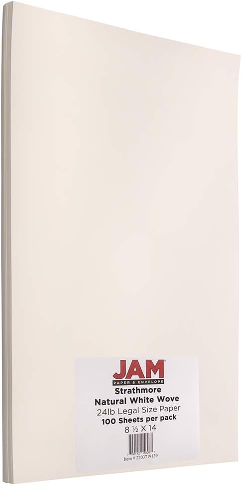 JAM PAPER Legal Strathmore 24lb Paper - 90 gsm - 8.5 x 14 - Nautral White Wove - 500 Sheets/Ream