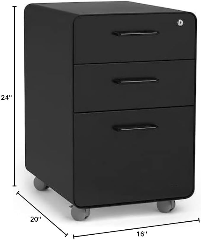 Poppin Stow 3-Drawer Rolling File Cabinet - Black. 2 Utility Drawers and 1 Hanging File Drawer. Two Locking and Two Non-Locking Wheels. Powder-Coated Steel. Two Keys Included