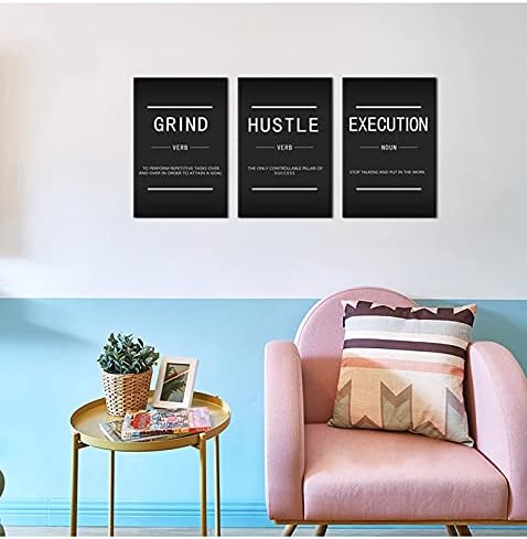 Motivational Office Wall Decor Inspirational Success Canvas Wall Art Grind Verb Hustle Verb Execution Noun 3 Pieces Posters Prints Wall Picture Artwork Home Framed Ready to Hang[48''Wx 24''H]