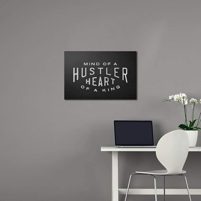 Mind Of A Hustler Heart Of A King - Inspirational Contemporary Entrepreneur Quotes Canvas Wall Art Black and White Motivational Framed Artwork HD Print Easy to Hang-16x12 inches