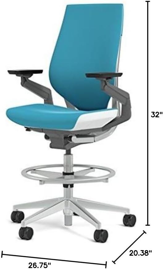 Steelcase Gesture 442 Stool Chair - Cogent: Connect Blue Jay Fabric, Wrapped Back, Light on Light Frame, Wheels for Hard Flooring