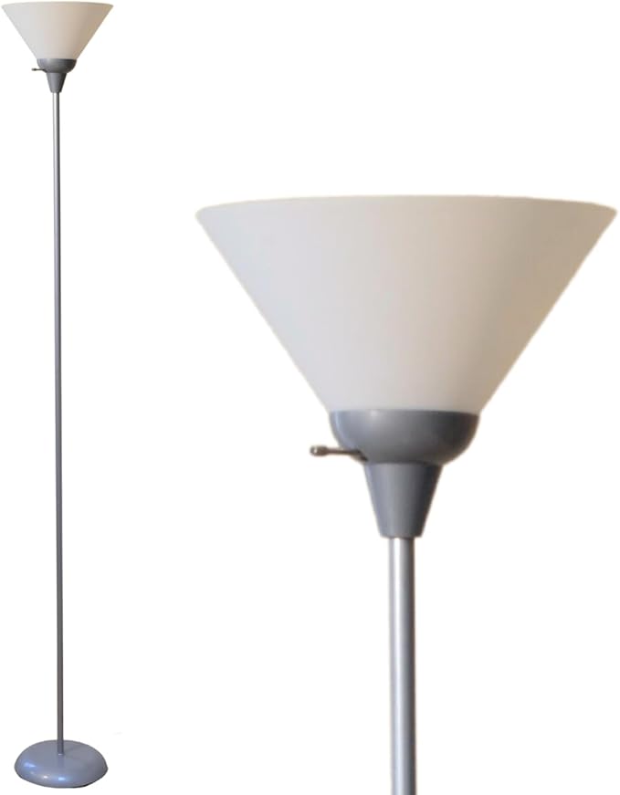 LIGHTACCENTS Mary Torchiere Floor Lamp – Silver Standing Lamp with White Shade and Rotary Switch, Modern Pole Light for Living Room, Bedroom, Office, or Dorm – Slim Minimalist Design