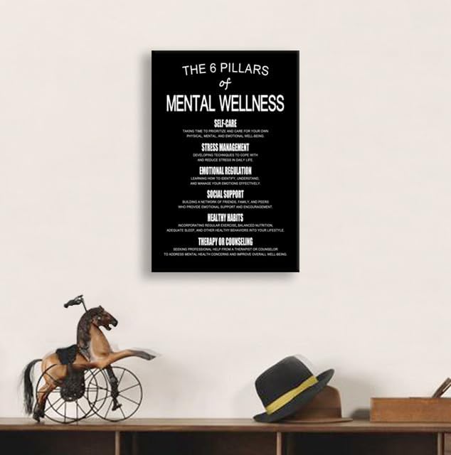 WYJDFART Inspirational Quotes THE 6 PILLARS OF MENTAL WELLNESS Motivational Wall Art Mental Health Guides Therapy Room Wall Decor for Home School Bedroom Office Framed Ready to Hang [12" W X 18" H]