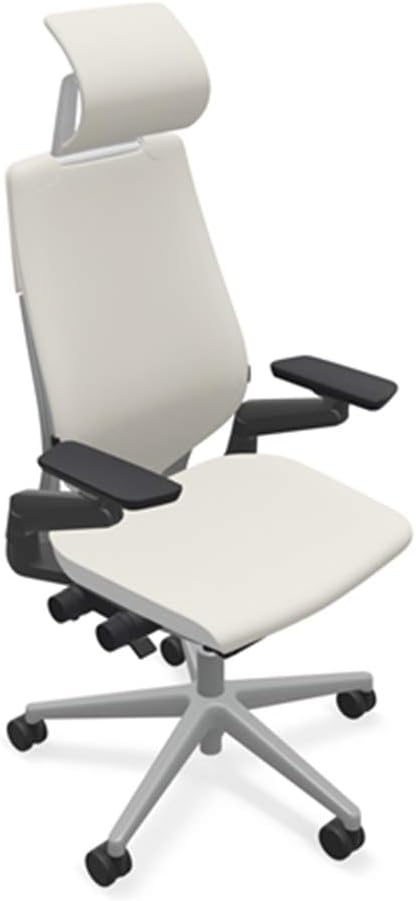 Steelcase Gesture Office Desk Chair with Headrest in Elmosoft Genuine White L151 Leather Plus Lumbar Support Platinum Metallic Frame with Seagull Seat/Back Merle Arms (Light/Light)