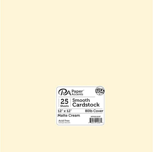 PA Paper Accents Smooth Cardstock 12" x 12" Matte Cream, 80lb colored cardstock paper for card making, scrapbooking, printing, quilling and crafts, 25 piece pack