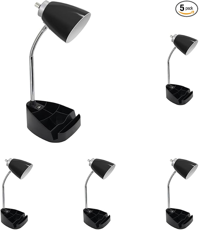 Simple Designs LD1056-BLK Gooseneck Organizer Desk Lamp with iPad/Tablet Stand or Book Holder and USB Port, Black (Pack of 5)
