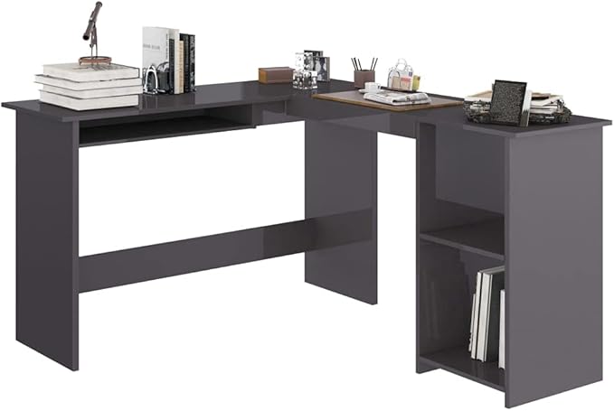 L-Shaped Corner Desk with 2 Open Shelves,Modern Writing Computer Desk, Home Office Desk Writing Study Table PC Desk Workstation, High Gloss Gray 47.2"x55.1"x29.5" Engineered Wood(C)