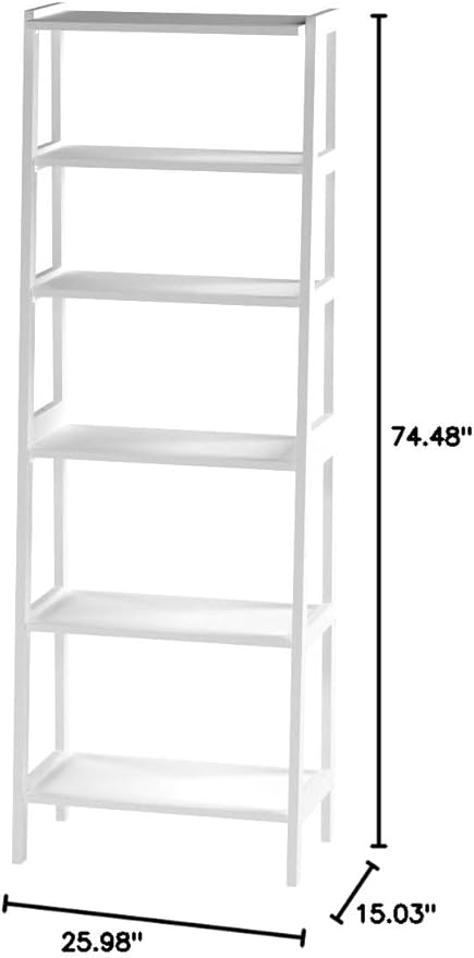 Amazon Basics 5-Tier Sturdy Rubberwood Ladder Bookshelf, Freestanding Storage Organizer Bookcase, Display Shelf for Small Space, White, 25.98" W x 74.48" H x 15.03" D