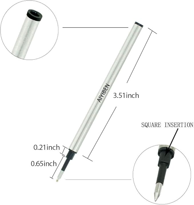 4.37 inch Rollerball Pen Refills, Roller Ball Fine Point 0.5mm, Black Ink Refill Pack of Replaceable Pen Refills Medium Point (6 Pack)