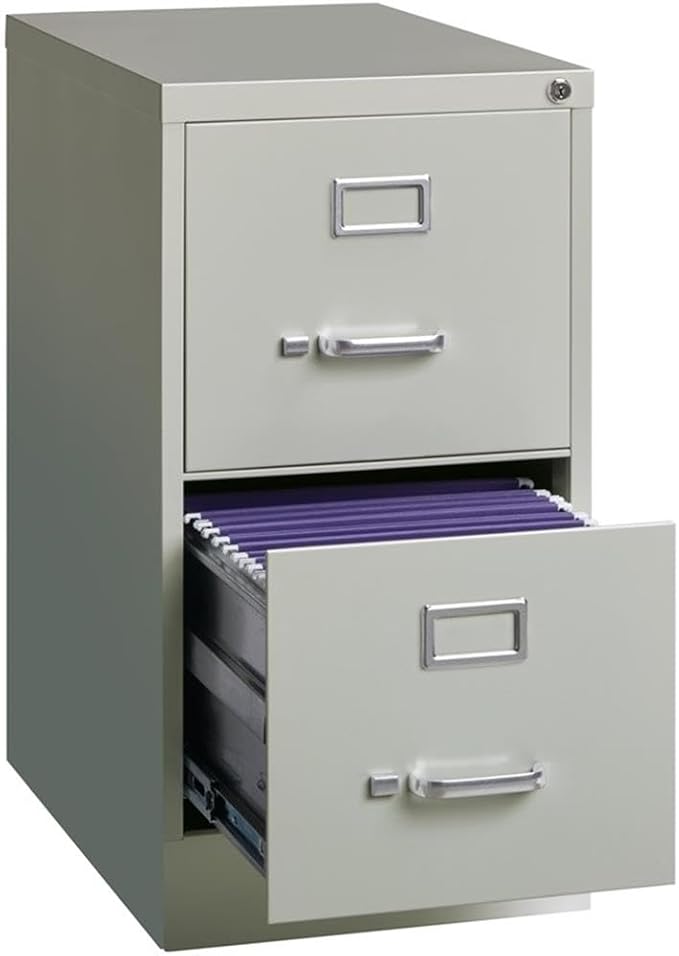 Pemberly Row 22" 2-Drawer Metal Vertical Filing Cabinet, Light Gray Finish, Commercial Grade Steel Construction, Lockable Letter Width Drawers, Smooth Ball-Bearing Slides, Office Storage Solution