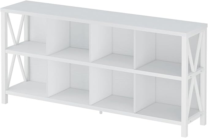 FATORRI 8 Cube Storage Organizer Bookshelf, 62 Inch Modern Wood Horizontal Bookcase, Farmhouse Cube Long Book Shelf, TV Console Stand for Living Room (White Oak)