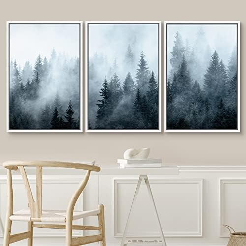 SIGNWIN Framed Canvas Print Wall Art Set Winter Fog Mist Pine Tree Mountain Forest Nature Wilderness Photography Modern Art Landscape Relax/Calm for Living Room, Bedroom, Office - 24"x36"x3 White