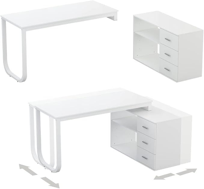 FUFU&GAGA 55.1" Large L-Shaped Office Desk with 41.3" File Cabinet, Corner Computer Desk with 3 Drawers & 2 Shelves, Workstation Executive Desk with Storage Shelf for Home Office, White