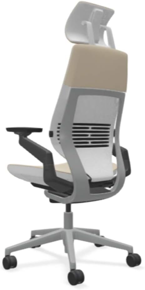 Steelcase Gesture Office Desk Chair with Headrest in Elmosoft Genuine Mica L114 Leather Plus Lumbar Support High Platinum Metallic Frame with Seagull Seat/Back Merle Arms (Light/Light)