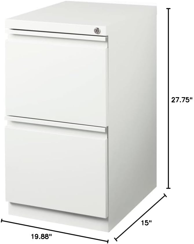 Scranton & Co 20" 2-Drawer Metal Mobile Filing Cabinet, White Finish, Lockable Fully Assembled Commercial Grade Steel, Letter-Size File Storage, Hidden Casters, Modern Office Furniture