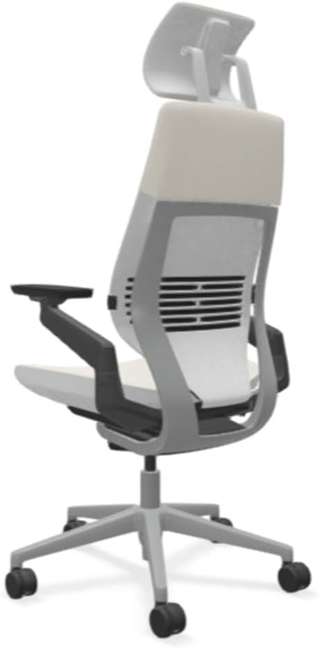 Steelcase Gesture Office Desk Chair with Headrest in Elmosoft Genuine White L151 Leather Plus Lumbar Support High Platinum Metallic Frame with Seagull Seat/Back Merle Arms (Light/Light)