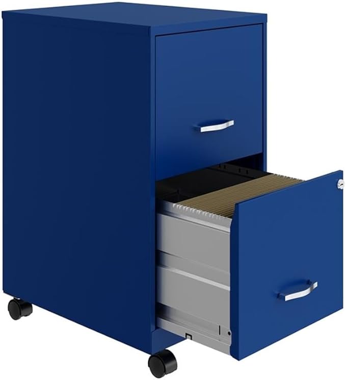 UrbanPro 18" 2-Drawer Metal Mobile Filing Cabinet, Blue Finish, Smooth Glide Suspension, Lockable Letter Storage, Easy Roll Casters, Compact Office Organization Solution