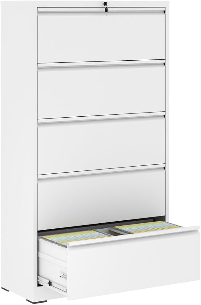 5 Drawer Lateral File Cabinet with Lock for Home Office Metal Filing Cabinet with Adjustable Hanging Rails Horizontal Filing Organization Storage Cabinet for Letter/Legal/A4/F4 Size White
