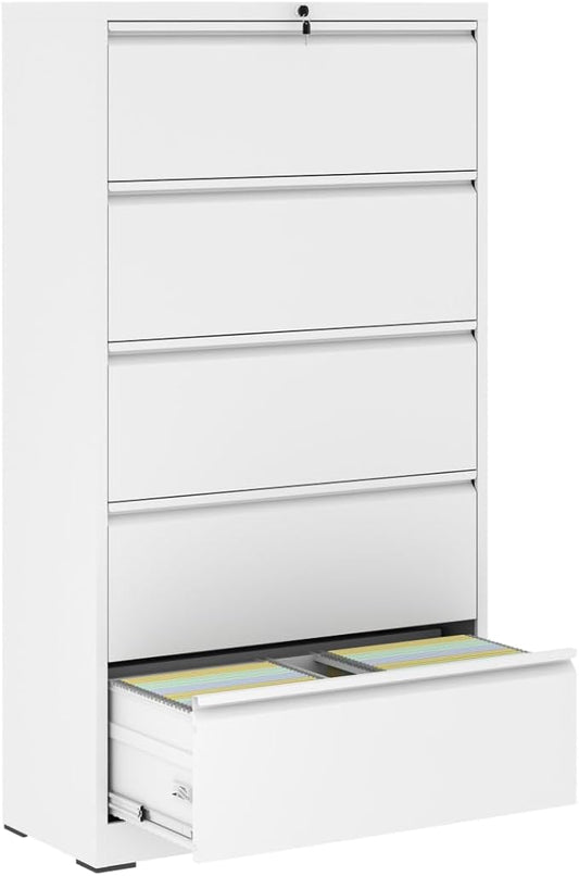 5 Drawer Lateral File Cabinet with Lock for Home Office Metal Filing Cabinet with Adjustable Hanging Rails Horizontal Filing Organization Storage Cabinet for Letter/Legal/A4/F4 Size White