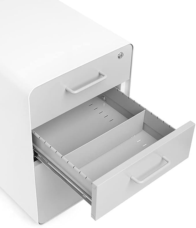Poppin Stow 3-Drawer File Cabinet - White + Light Gray, 2 Utility Drawers and 1 Hanging File Drawer, Fully Painted Inside and Out, Powder-Coated Steel, Two Keys Included, Stationary