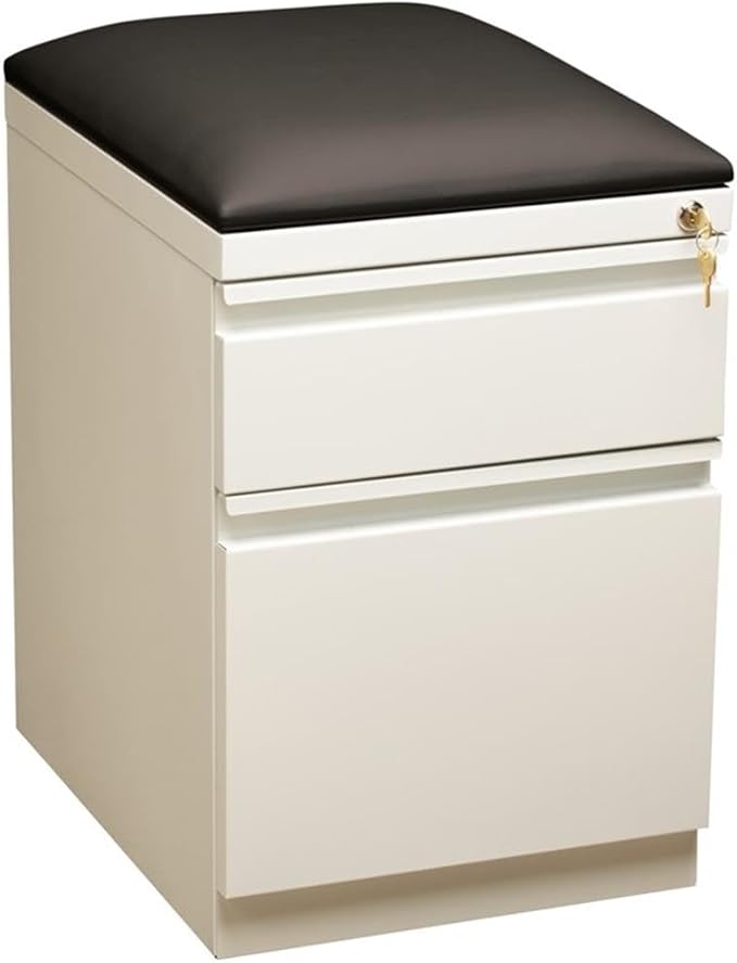 Pemberly Row 2-Drawer Metal Mobile Filing Cabinet, 23.75" H x 15.00" W x 19.88" D, Steel Construction, White/Black Finish, Hidden Casters, Cushion Seat, Letter-Size Hanging File Storage for Office Use
