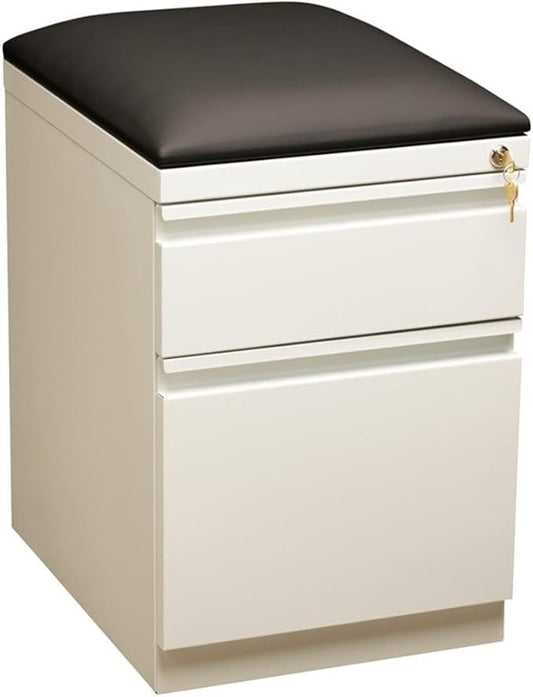 Pemberly Row 2-Drawer Metal Mobile Filing Cabinet, 23.75" H x 15.00" W x 19.88" D, Steel Construction, White/Black Finish, Hidden Casters, Cushion Seat, Letter-Size Hanging File Storage for Office Use