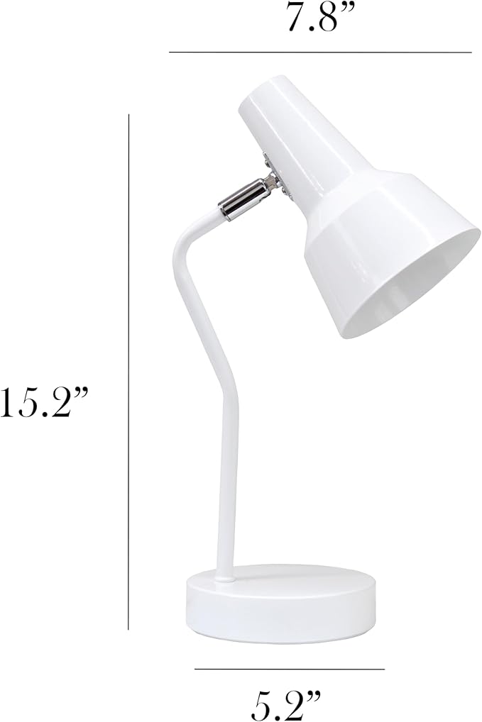 Simple Designs LD1078-WHT 15.2" Sleek Essentials Metal Cone Shade Desk Lamp with Adjustable Shade, for Office, Desk, Nightstand, Dorm, White