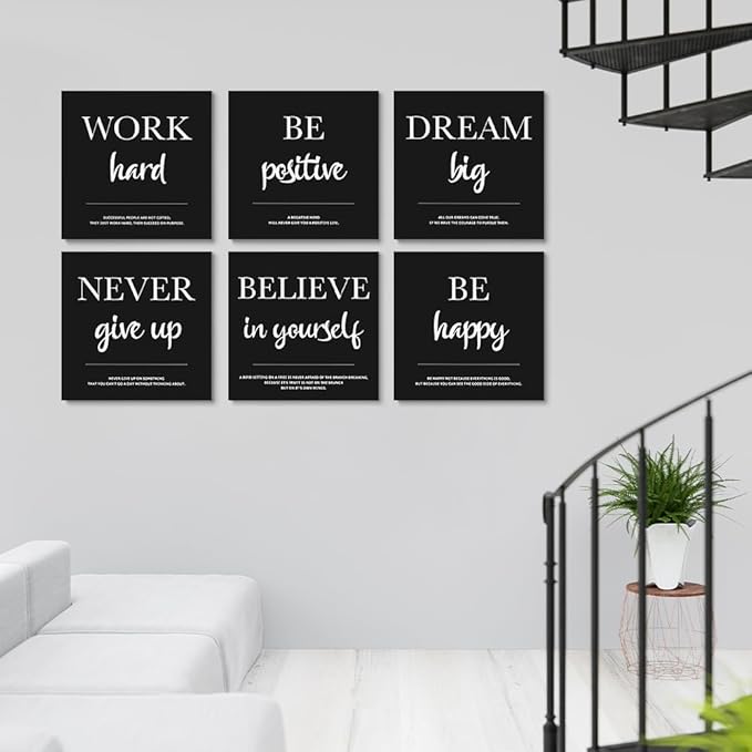 GUBIYU Framed Canvas Wall Art Positive Quote Poster, Black Inspirational Wall Decor Positive Motivational Set of 6 Prints,Work Hard Prints, Inspirational Wall Art Prints, Dorm Wall Decor Art 16"x16"