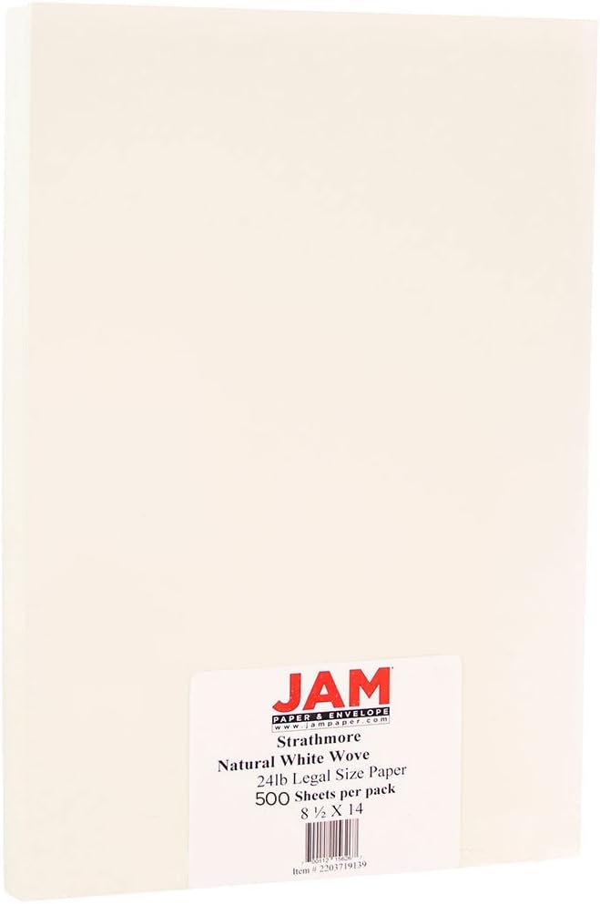 JAM PAPER Legal Strathmore 24lb Paper - 90 gsm - 8.5 x 14 - Nautral White Wove - 500 Sheets/Ream