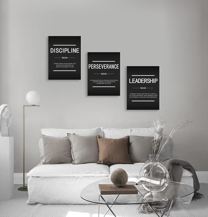 Discipline Perseverance Leadership Noun Inspirational Painting Wall Art 3 Pieces Canvas Print Office Decor Poster Framed Motivational Quotes for Wall Art Office Decoration Ready to Hang[36''Wx 16''H]