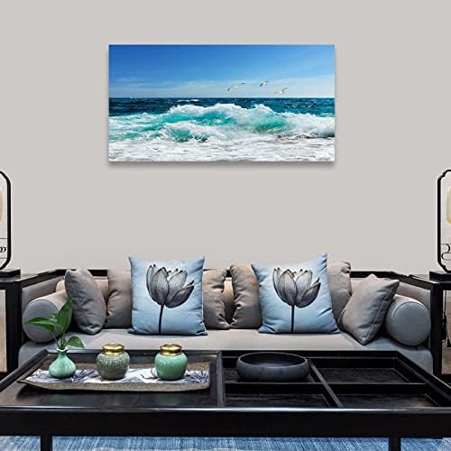 tigeridge Sea Beach Canvas Wall Art for Living Room Wall Decor Ocean Waves Canvas Pictures Blue Surfing Water Seagull Canvas Prints Artwork Office Home Wall Decorations Framed Ready to Hang 29" x 58"
