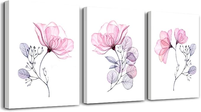 Modern pink flowers Canvas Wall Art for bedroom Living Room,Bathroom Wall Decor,3 Panels Wall Painting Home Decoration kitchen Canvas Print Abstract watercolor flowers and leaves artwork wall mural