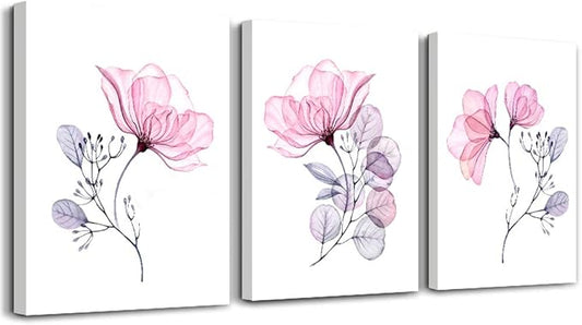 Modern pink flowers Canvas Wall Art for bedroom Living Room,Bathroom Wall Decor,3 Panels Wall Painting Home Decoration kitchen Canvas Print Abstract watercolor flowers and leaves artwork wall mural