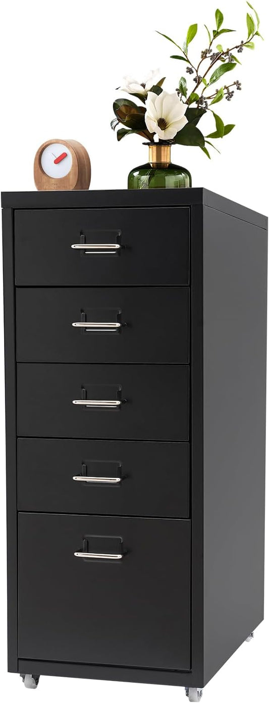 Metal File Storage Cabinet, 5 Drawer Vertical Filing Cabinets with Wheels Under Desk Storage Drawers, 11 * 16.1 * 27.1in Mobile File Cabinets Under Desk Cabinet for Bedroom, Office (Black)