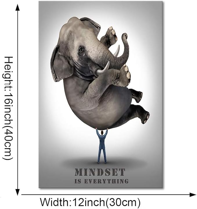 Office Wall Art Motivational Posters Businessman Lifting An Elephant Canvas Painting Pictures Mindset is Everything Print Poster Artwork Wooden Framed Home Decor for Living Room Bedroom-12 Wx16 H