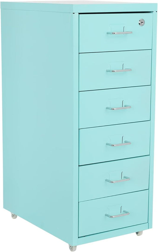6 Drawer Vertical File Cabinet, 27" Lockable Metal Storage Cabinet with 4 Wheels, Mobile Filing Organization Under Desk for Office, Study, Dresser (Blue)