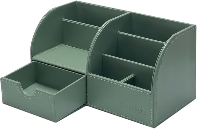 UnionBasic Desk Organizer - Multifunctional Leather Desktop Pen Holder Storage Box - Business Card/Pen/Pencil/Mobile Phone/Stationery Holder, Malachite Green