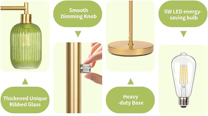 Glass Floor Lamp for Living Room, Dimmer Standing Lamp with Green Ribbed Lampshade,66” Tall Lamp & Gold Floor Lamp for Bedroom Study Room,Brushed Gold (Green)