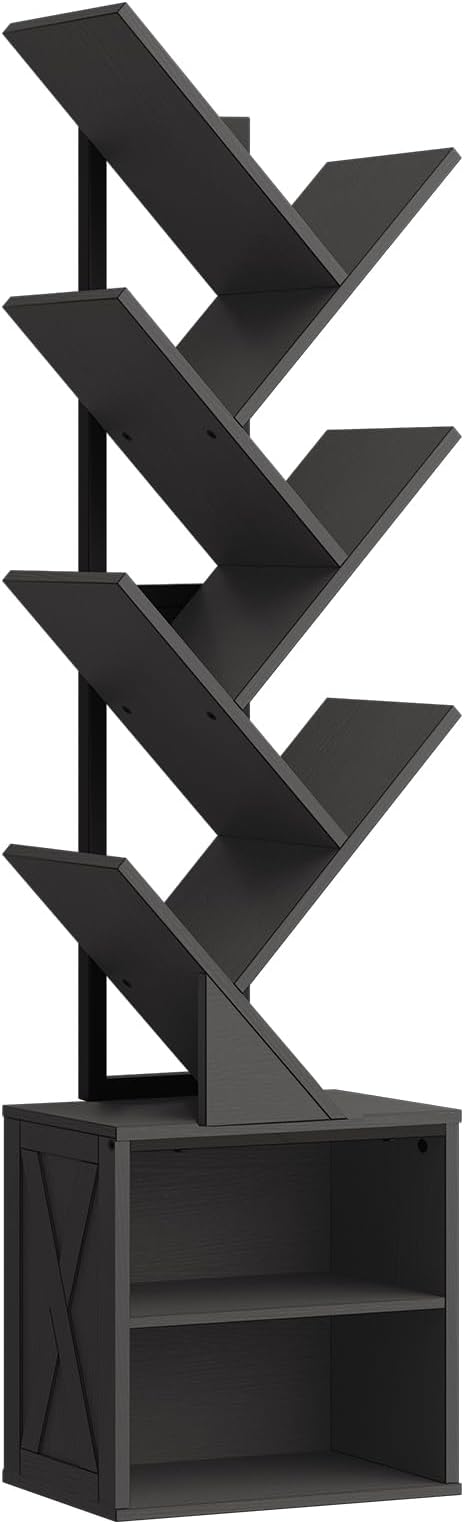 Tree Bookshelf, 6 Tier Bookcase with 2 Storage Racks, Free Standing Wooden Bookcase, Floor Standing Book Shelf Organizer for Living Room, Bedroom, Study, Home Office, Black