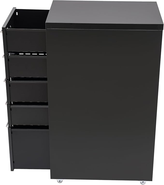 Mobile 5 Drawer Locking Pedestal File Cabinet, Deep Light Duty Metal Letter Filing Cabinet Metal File Storage Cabinet 4 Small Drawers 1 Large Drawer 11.02lbs Each Tier Load Capacity