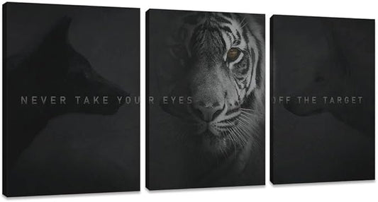 Unbruvo Tiger Motivational Wall Art - 3 Piece Canvas Prints for Office, Inspirational Leadership Quotes, Black Tiger Picture Wall Decor for Living Room, Bedroom(48''Wx24''H)