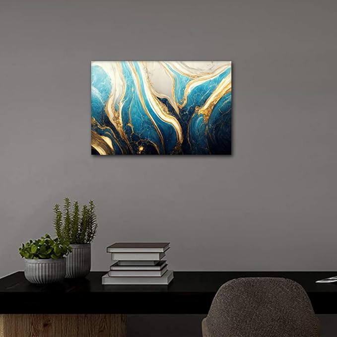 Canvas Wall Art for Men Modern Abstract Design Art Poster Turquoise Gold and White Colors Picture Printing 1 Panel House Wall Decor for Living Room Bedroom Decor Stretched Ready to Hang 24x16 in