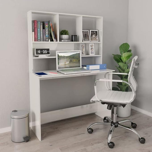 Modern Computer Desk Writing Study Table with Upper Cabinet, Home Office Student Table Laptop PC Writing Desk Home Office Writing Desk, High Gloss White 43.3"x17.7"x61.8"