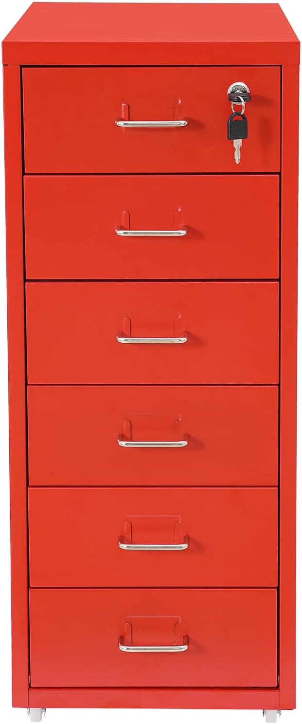 Vertical File Cabinets | 6 Drawer File Cabinet with Lock | Steel Lockable Storage Cabinets | Metal S-torage Cabinet for Home Office | storage A4/F4/Letter/Legal | With 4 Wheels | 2X Keys (Red)