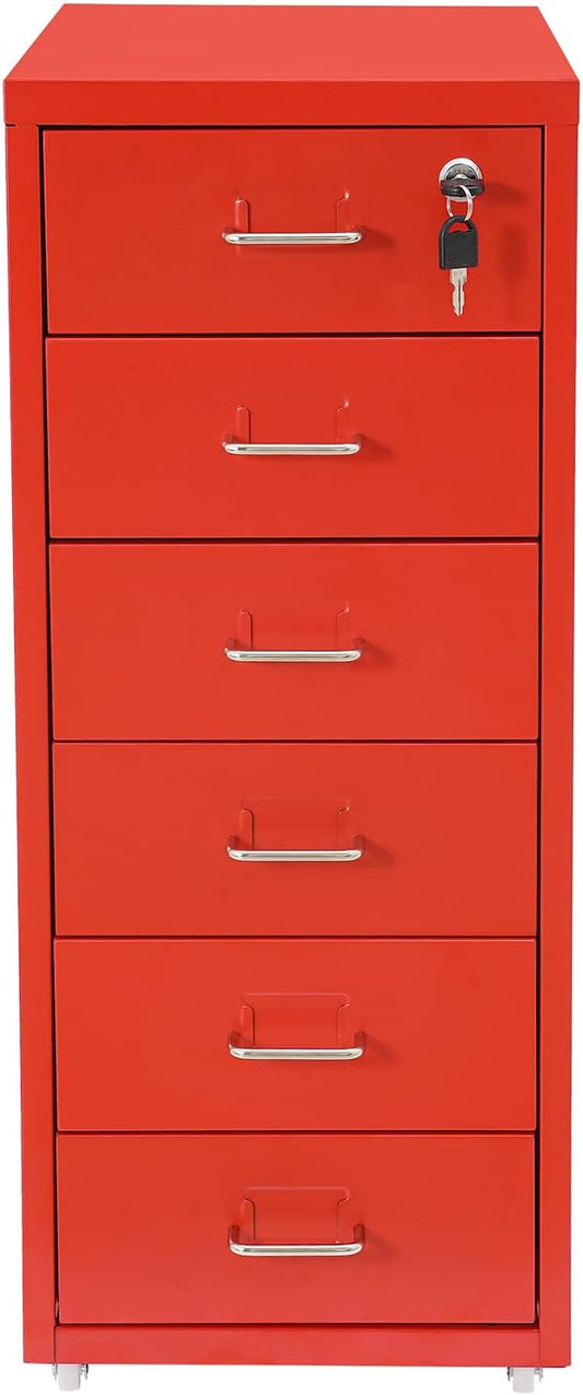 Vertical File Cabinets | 6 Drawer File Cabinet with Lock | Steel Lockable Storage Cabinets | Metal S-torage Cabinet for Home Office | storage A4/F4/Letter/Legal | With 4 Wheels | 2X Keys (Red)