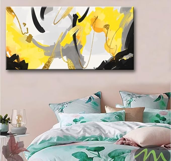 weiyiart Yellow Abstract Canvas Wall Art for Living Room Modern Contemporary Wall Paintings Large Print Picture Black & Gray Artwork Ready to Hang for Bedroom Dining Room Office Decor 29"x58"